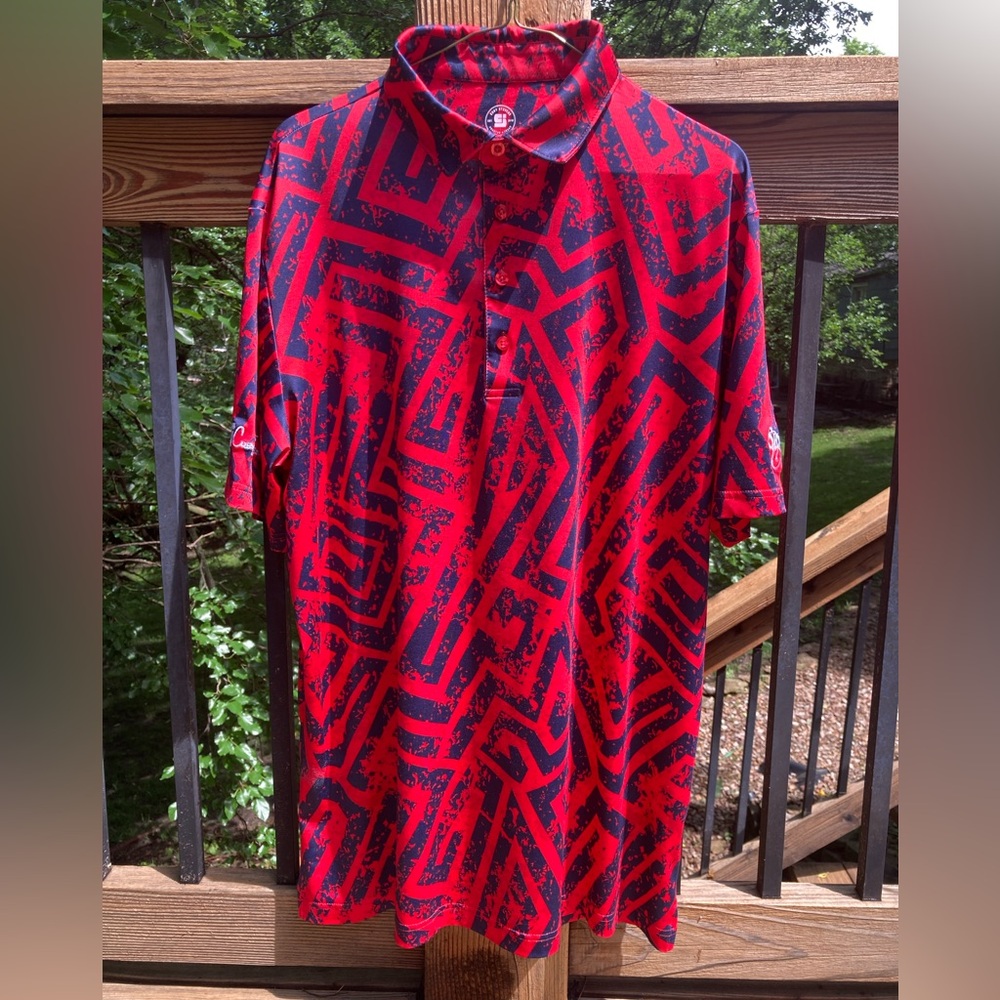 Coby Stevens Golf Polo Shirt Men's Large Red & Navy Geometric Silver Fox Classic